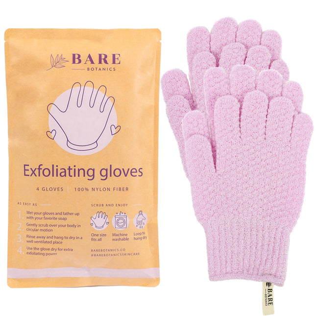 Bare Botanics 4 Pack Exfoliating Gloves for Shower (Lavender) - 100% Nylon Fiber