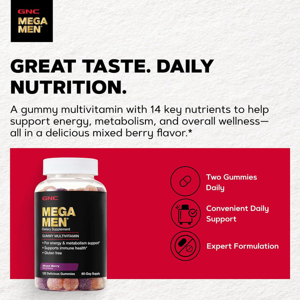 GNC Mega Men Multivitamin Gummy for Men - Energy, Metabolism, & Immune Support, Mixed Berry, 120 Count 120 Count (Pack of 1)