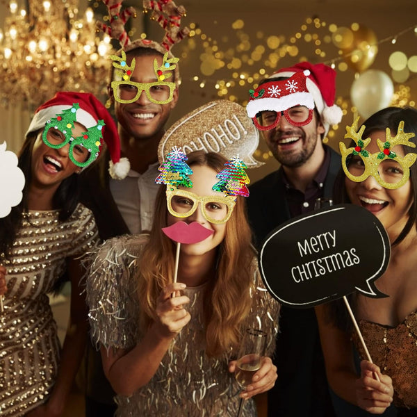 Max Fun 12Pcs Christmas Glasses Glitter Holiday Party Glasses Frames Christmas Decoration Accessories Costume Eyeglasses for Christmas Parties