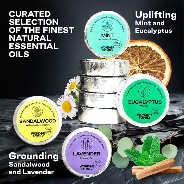 Aromatherapy Shower Steamers Gift Set – Mint, Eucalyptus, Sandalwood, Lavender – Essential Oil Vapor Shower Tablets, Individually Wrapped Melts,