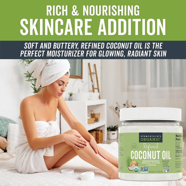 Viva Naturals Refined Coconut Oil, 16 fl oz – Expeller-Pressed, USDA Organic, Neutral Flavor & Aroma, Ideal for Cooking, Baking, Hair & Skin