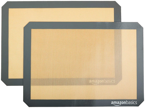 Amazon Basics Rectangular Silicone, Non-Stick Reusable, Food Safe Baking Mat, Pack of 2, 16.5"L X 11.6"W, New Beige/Gray