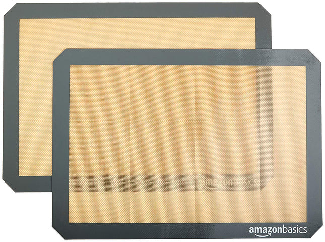 Amazon Basics Rectangular Silicone, Non-Stick Reusable, Food Safe Baking Mat, Pack of 2, 16.5"L X 11.6"W, New Beige/Gray