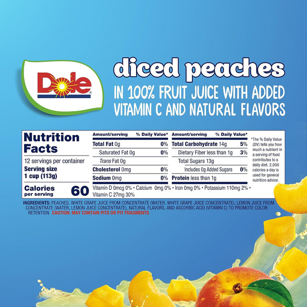 Dole Diced Peaches in 100% Juice - Dole Fruit Bowls Snacks - 4 oz Fruit Bowls - 12 Pack | In 100% Juice, Fruit Bowls Snacks Peach 4 Ounce (Pack of 12)