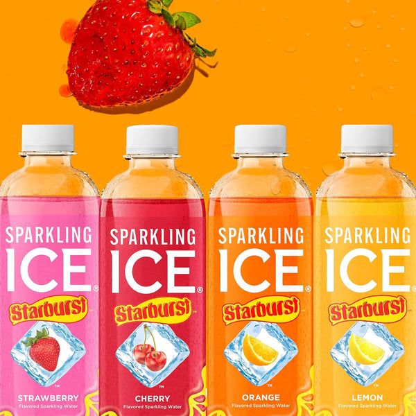 Sparkling Ice STARBURST Strawberry, Zero Sugar Flavored Sparkling Water, with Vitamins and Antioxidants, Low Calorie Beverage, 17 fl oz Bottles