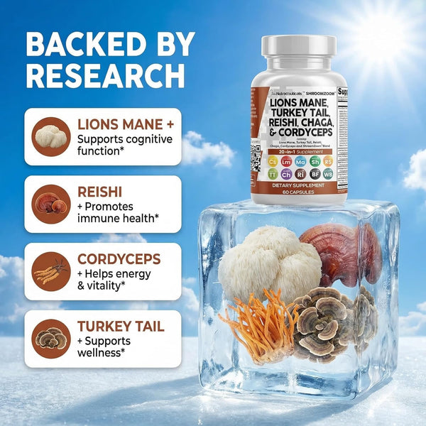 Clean Nutraceuticals Lions Mane 20in1 Mushroom Supplement with Turkey Tail Reishi Cordyceps Chaga Maitake Meshima Poria Cocos Shiitake Oyster