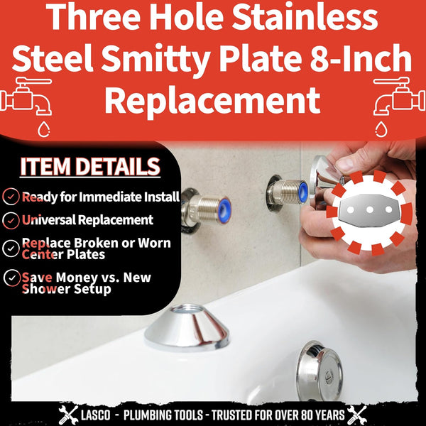 LASCO 03-1654 Smitty Plate, Three Hole, Used to Cover Shower Wall Tile, Stainless Steel 8-Inch Center Three-Hole 8-Inch Center