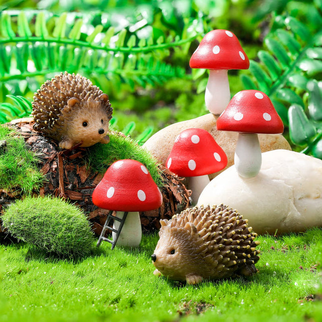 Queekay Resin Hedgehogs & Wood Mushroom Sculpture, Fairy Wild Garden Supplies, 6