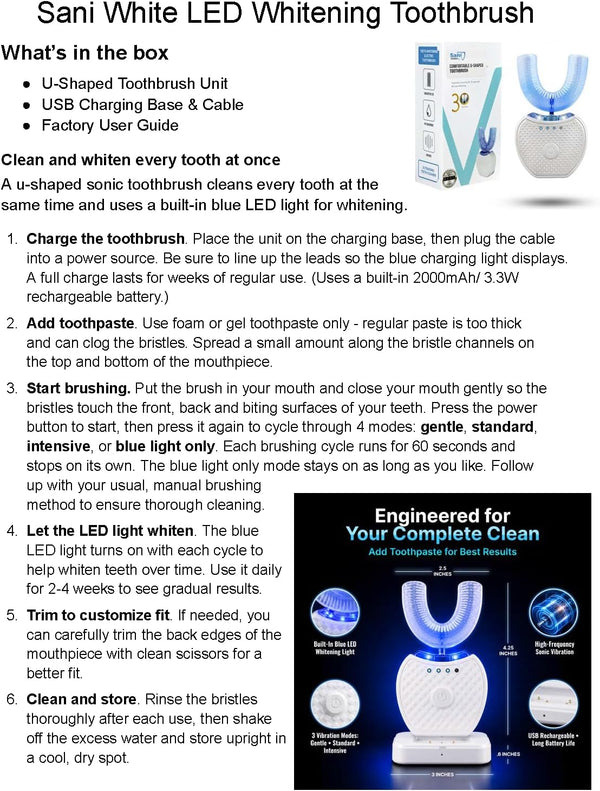 Sani White 360 Brite U Shaped Toothbrush High-Frequency Sonic Cleaner | Ortho Sparkle Sonic Glow Brush, Teeth Whitening Light, Electric Automatic
