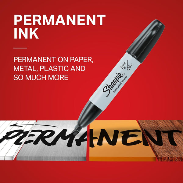 Sharpie Permanent Markers, Large, Chisel Tip, Black, 4 Count - Marks on Paper, Plastic, Metal, and More 4 Count (Pack of 1) Markers