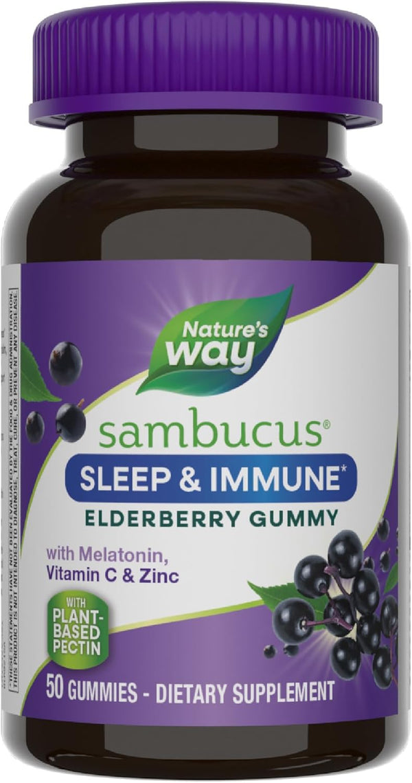 NatureâS Way Sambucus Sleep + Immune* Elderberry Gummies, Sleep and Immune Support*, with Melatonin, Vitamin C, L-Theanine, Zinc, 50 Gummies