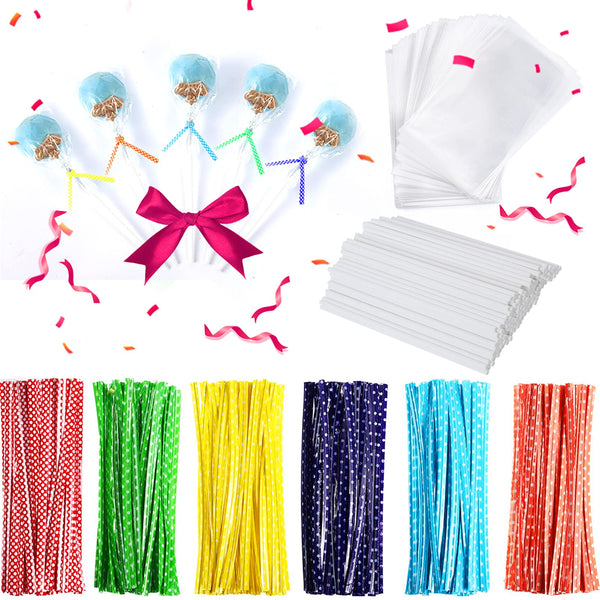 300Pcs 6 Inch(4MM DIA) Cake Pops Sticks,Lollipop Sticks, Cake pop Bags and Wrappers Chocolates and Cookies Set Including 100 Parcel Bags, 100