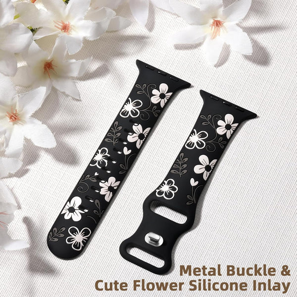 Witzon Floral Band Compatible with Apple Watch Bands For Women 40mm 41mm 38mm 42mm 44mm 45mm 46mm 49mm, Engraved Cute Flower Silicone Dressy Strap