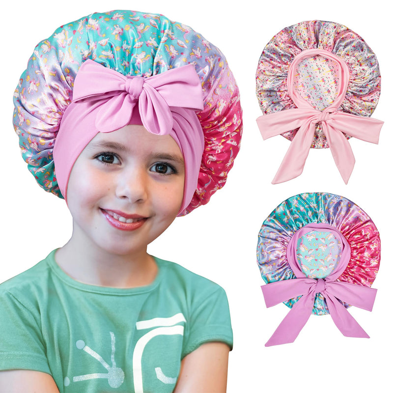 2 PCS Kids Bonnets for Girls, Silk Bonnet for Kids, Satin Bonnet for Sleeping, Baby Toddler Tie Bonnet Sleep Cap Set a
