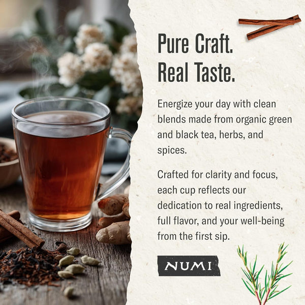 Numi Organic Rooibos Chai Tea, 18 Tea Bags, Red Tea with Cinnamon, Allspice & Ginger, Caffeine Free (Packaging May Vary)