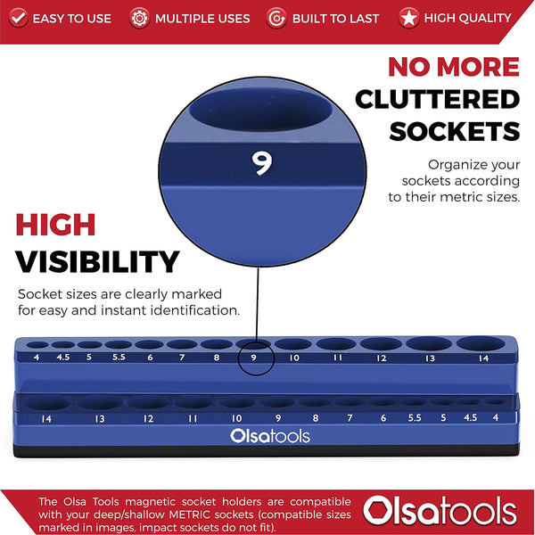 Olsa Tools Magnetic Socket Organizer - 1/4-Inch Drive Metric Socket Holder with Strong Magnets - Professional Tool Holder and Organizer - Stores