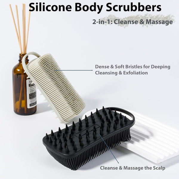 MtBoi 2 PC Silicone Body Scrubber, 2 in 1 Exfoliating Shower Bath Scrubber, Soft Silicone Loofah for Sensitive Skin, Shower Hair Scalp Massager,