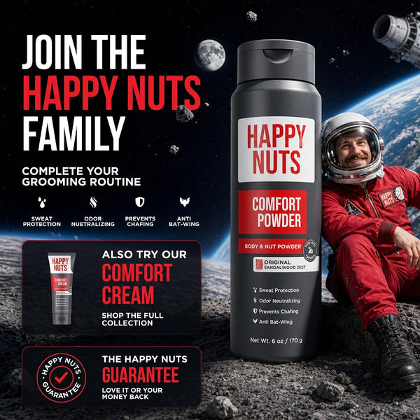 HAPPY NUTS Comfort Powder Deodorant For Men: Anti-Chafing, Sweat and Odor Control for Jock Itch, Aluminum-Free, 6 oz (1 Pack), Original Scent