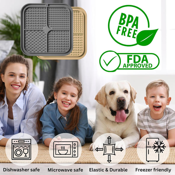 Dog Lick Mat - 2 Pack Slow Feeder for Dogs & Cats to Keep Them Busy Ideal for Grooming & Bathing - Anxiety Relief & Calming Beige & Gray