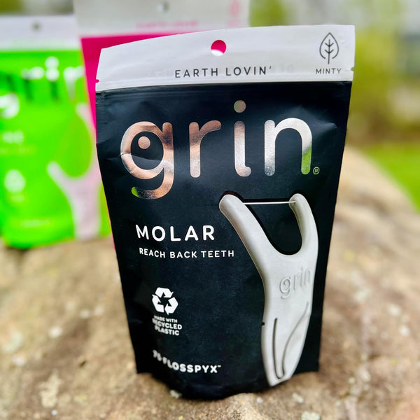 GRIN Molar Flosspyx, Floss Picks, 75 Count, Dental Flossers, Minty Flavor, Recycled Plastic, Great for Reaching Back Teeth, Slide Easily Between