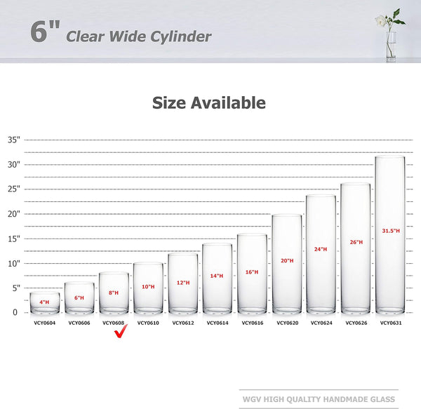 WGV Quality Thick Cylinder Vase, Width 6", Height 8", Clear Glass Container Terrarium Candle Holder for Wedding Centerpiece, Event, Home Decor, 1