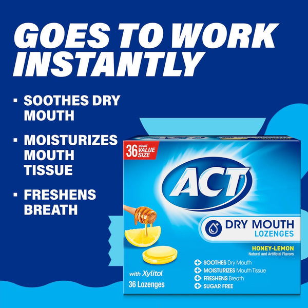 ACT Dry Mouth Moisturizing Gum With Xylitol, Soothes, Moisturizes & Freshens, Honey-Lemon, Value Size, 36 ct. 36 Count