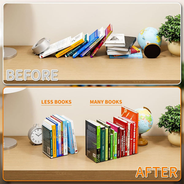 SUOXING 6 PCS Clear Acrylic Book Ends for Shelves Decorative,Invisible Book Stopper with Non-Slip Mats for Heavy Books,Small Acrylic Bookends for