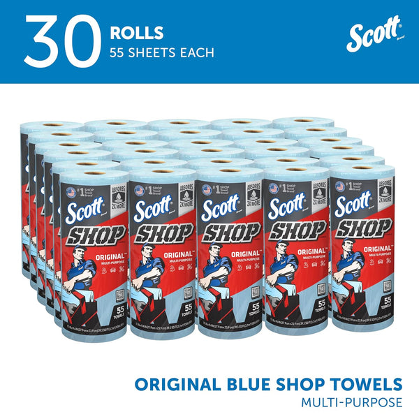 Scott Shop Original Blue Towels (75130), 9.4"X11" Cloth-Like Paper Towel (30 Rolls of 55 Sheets, 1,650 Sheet Total)