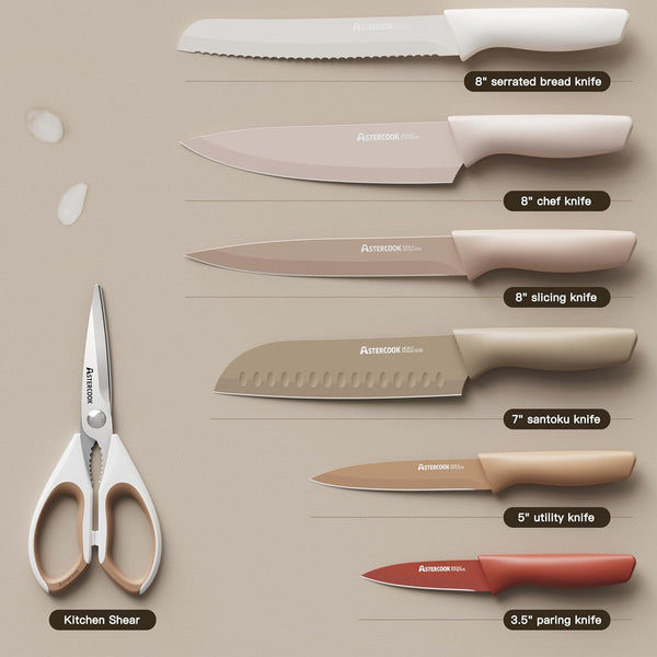 Astercook Knife Set, 13 Pieces Kitchen Knives Set with Healthy Anti-Rust Coating, Dishwasher Safe, Stainless Steel Chef Knife Sets with 6 Blade