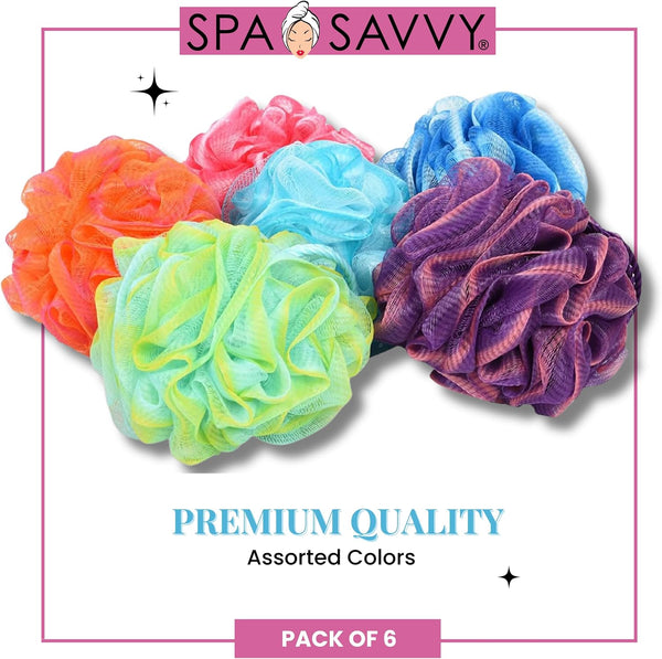 Bath Loofah Set, 6 Pack Shower Pouf Body Sponges with Suction Cups, Exfoliating Bath Accessories for Men and Women, Multicolor 6 Count (Pack of 1)