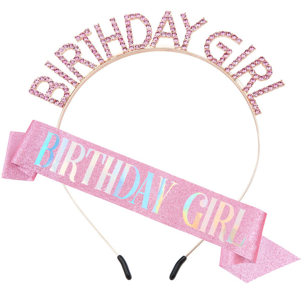 PQRUU Glitter Birthday Sash, Tiara and Rhinestone Headband Set - Pink Birthday Accessories for Her Pink Glitter