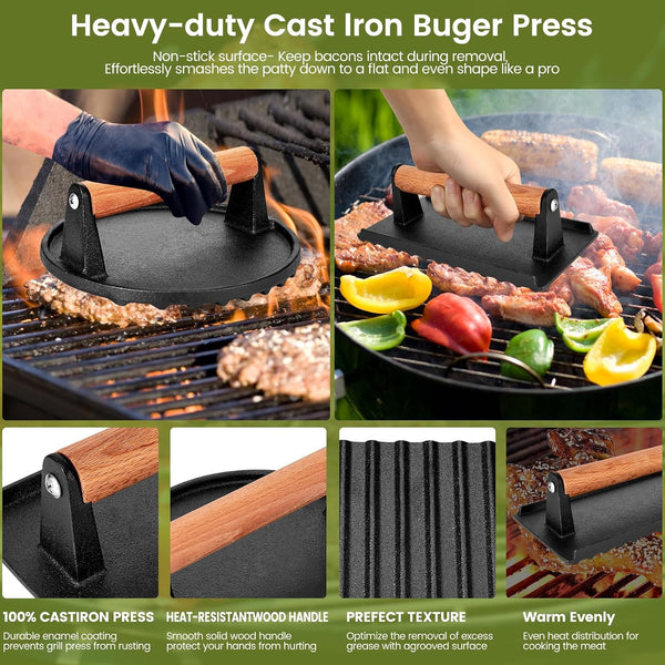 Blackstone Burger Press Set - 7" Round Smash Burger Press & 8"x4" Rectangle Cast Iron Grill Press with Wooden Handle - Smasher is Perfect for