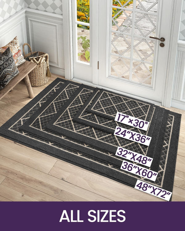 DEXI Front Door Mat Indoor Entryway 17x30 Inside Entrance Doormat Dark Grey | Non Slip Low Profile Thin Absorbent Washable Entry Mats for House