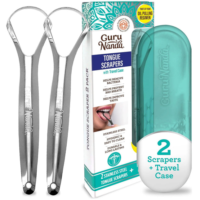 Gurunanda Tongue Scraper for Adults (2 Pack) with Travel Case, 420 Medical-Grade