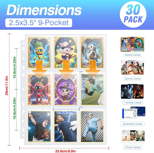 30 Pack 540 Pocket Binder Pages - Double-Sided 9 Pocket Trading Card Sleeves for 3 Ring Binder, Clear Plastic Pages for Sport and Game Cards