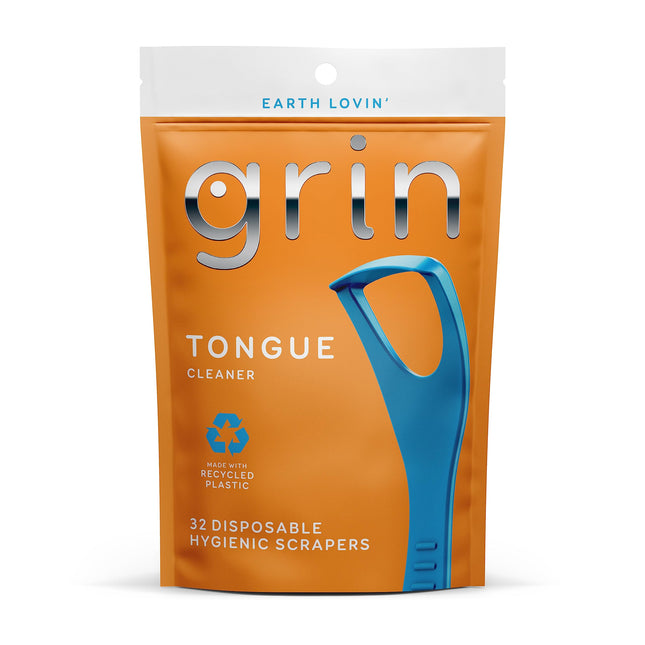 GRIN Tongue Cleaner, 32 Count, Disposable Tongue Cleaner, Hygienic Scraper, Recycled Plastic, Clean Tongue, Promote Fresh Breath, Includes Safe