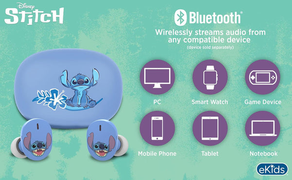 Disney Stitch Wireless Earbuds for Kids, Bluetooth Earbuds with Charging Case
