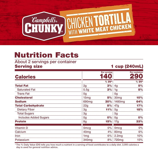 Campbell's Chunky Soup, Chicken Tortilla Soup with Grilled White Meat Chicken, 18.6 Oz Can Chicken Tortilla 18.6 Ounce (Pack of 1)