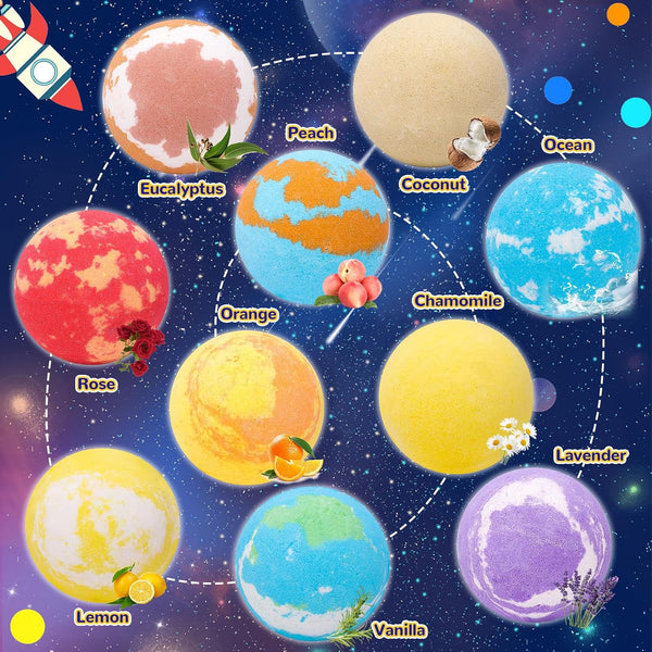 10 Pack Galaxy Bath Bombs for Kids with Surprise Toys Inside Organic Bubble Bath Bombs with Solar System Gemstones Easter Christmas Birthday Gift