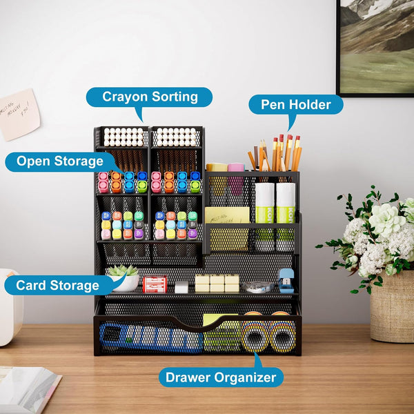 Marbrasse Mesh Pen Holder for Desk, Multi-Functional Pencil Organizer with Drawer, Desk Organizers and Accessories for Office Art Supplies (Black)