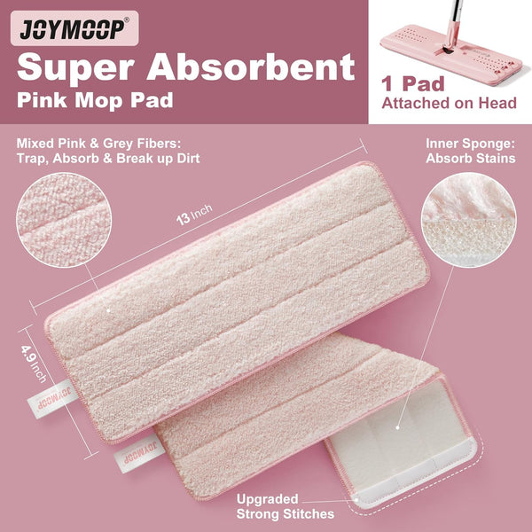 JOYMOOP Flat Mop Head, 13-Inch Mop-Head with 13-Inch Microfiber Mop Pad Replacement - Pink, 1 Pack (Mop-Head Only)