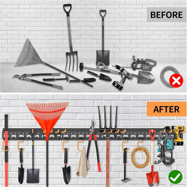 Garden Tool Organizer Wall Mount - Garage Storage and Organization Yard Tool Hanger with Adjustable Pegboard Hooks Shed Rack for Broom Mop Shovel