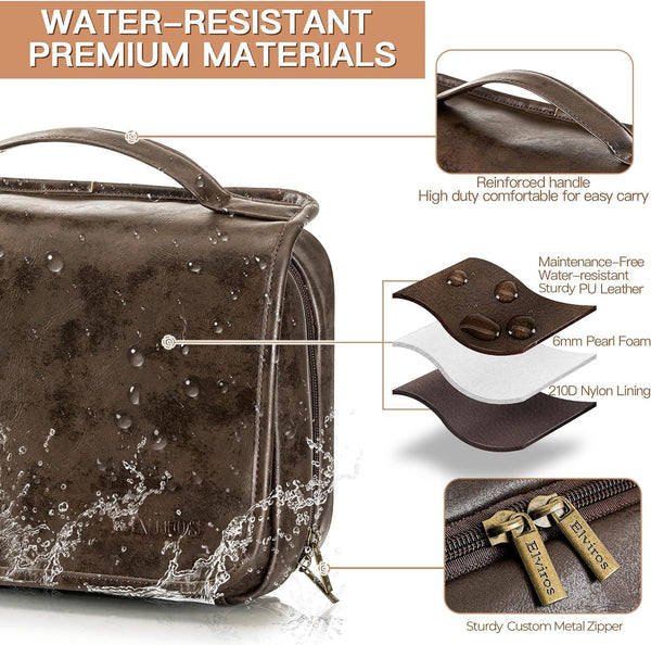 Elviros Hanging Toiletry Bag Removable Travel Bag PU leather Makeup Cosmetic Organizer Kit, Coffee | Removable Travel Organizer Bag for Cosmetics,