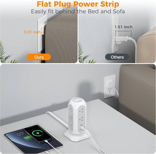 Tower Power Strip Flat Plug with 11 Outlets 3 USB (1 USB C), TESSAN Surge Protector Tower 1625W/13A,1050J Protection, 6 