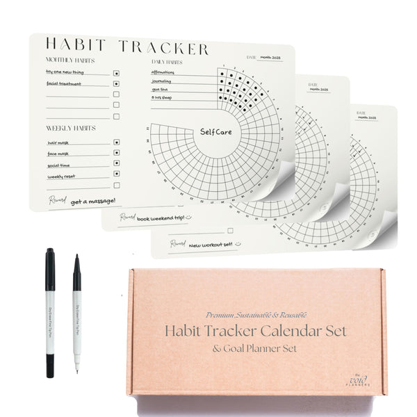 Habit Tracker Set | Vision & Goal Planner with Monthly, Weekly, Daily Trackers | Dry Erase, Undated, Reusable & Sustainable | Sticks to Mirrors,