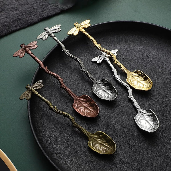 Retro Dragonfly Spoon Coffee,Teaspoon Stainless Steel Tableware Creative Sugar,Tea Spoon Stir Bar, Dessert, Cake, Long Handle Spoons Kitchen
