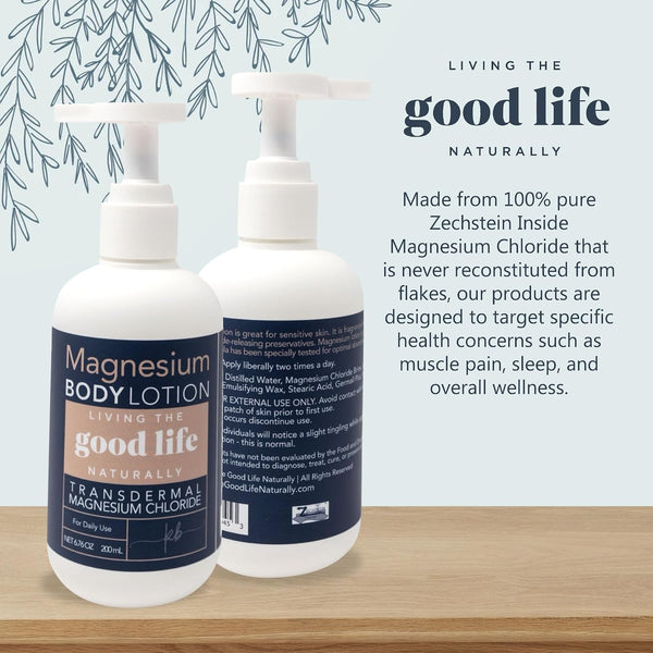Living the Good Life Naturally Magnesium Lotion for Sensitive Skin | Zechstein chloride, unscented, vitamin E, jojoba oil, cocoa butter, gentle