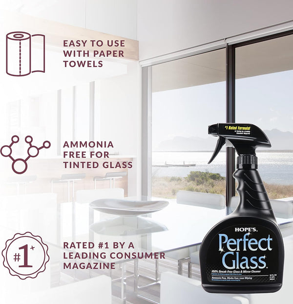 HOPE'S Perfect Glass Cleaner, Streak-Free, Ammonia-Free Window, Mirror, Screen, and Shower Door Cleaner, Indoor and Outdoor Glass Surfaces, 32 Fl