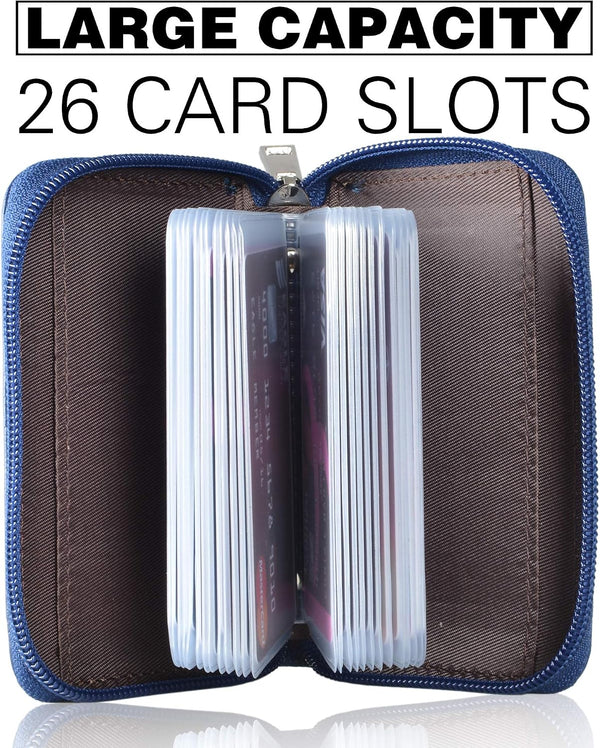 Easyoulife Genuine Leather Credit Card Holder Zipper Wallet With 26 Card Slots small Blue