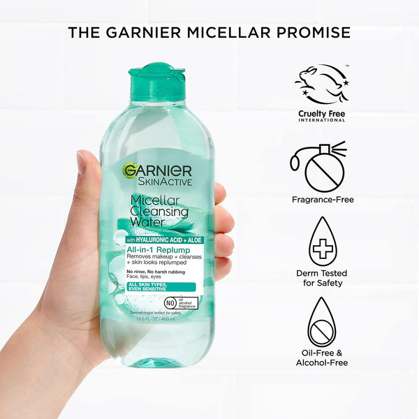 Garnier Micellar Water with Hyaluronic Acid, Facial Cleanser & Makeup Remover, Hydrating and Plumping, For All Skin Types, Vegan, Cruelty Free,